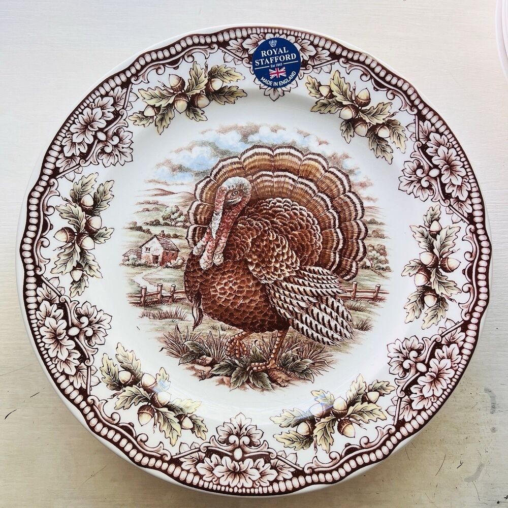 NEW 10 Royal Stafford Thanksgiving Brown Harvest Turkey Dinner Plates England